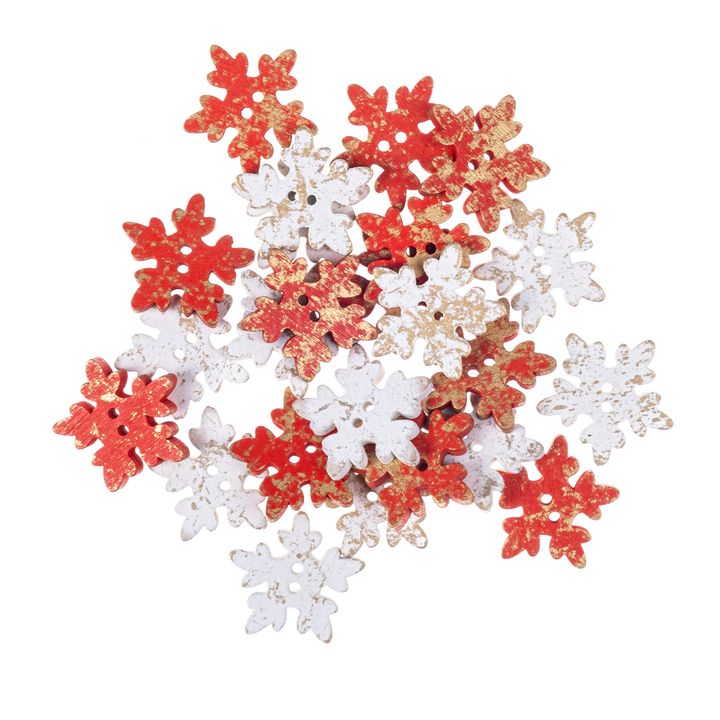 Bottoni di legno 2,5 cm Fiocchi di neve 24 pz  | rosso e bianco