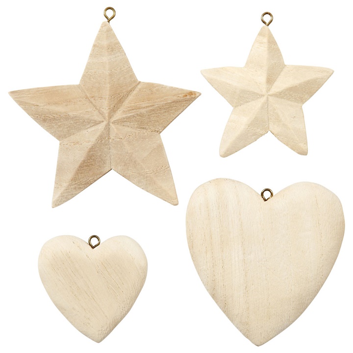 Decorazioni in legno - cuori e stelle - 4 pezzi