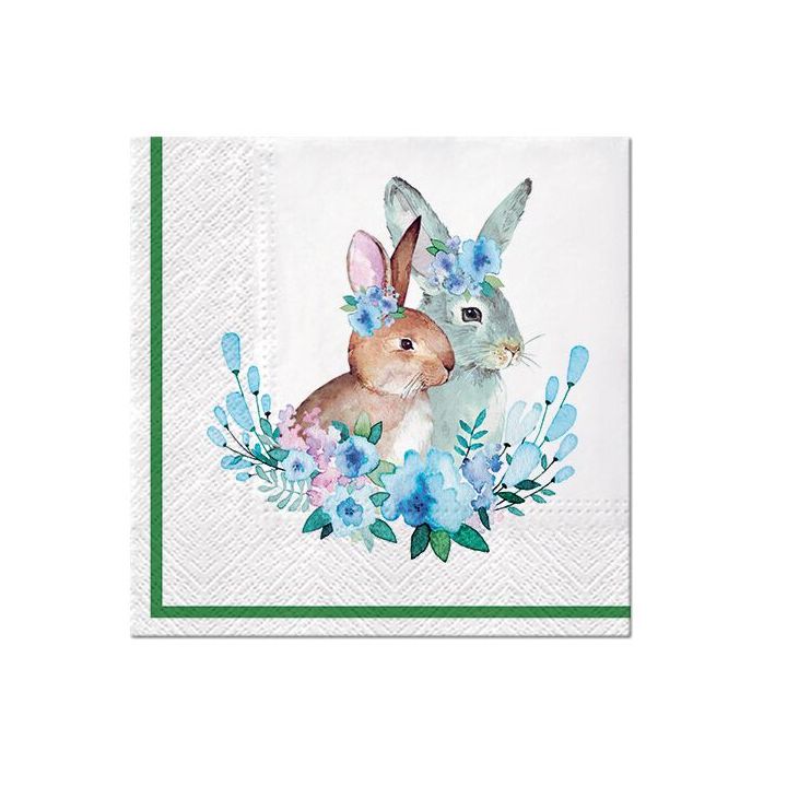 Tovaglioli a decoupage - Bunnies with Wreaths  - 1 pezzo Tovaglioli a decoupage - Bunnies with Wreaths  - 1 pezzo
